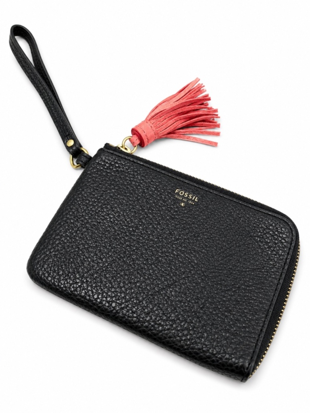 FOSSIL Tara Black Pebbled Leather Zip-Around Wristlet Wallet Orange Tassel 6”x4”